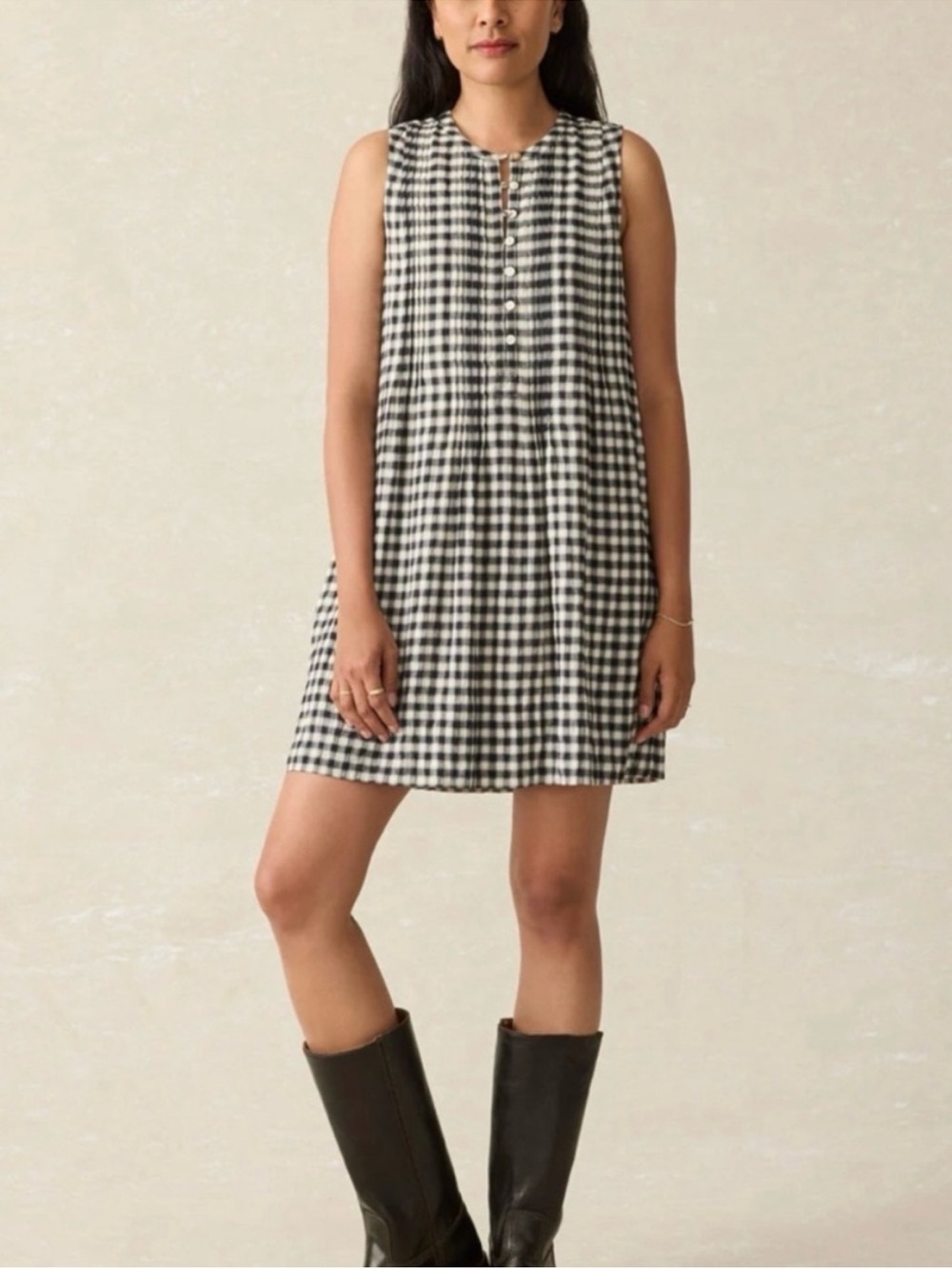 NWT Faherty Isha Gingham Shift Mini Dress Gauze Black White Sz Medium Fall Boho